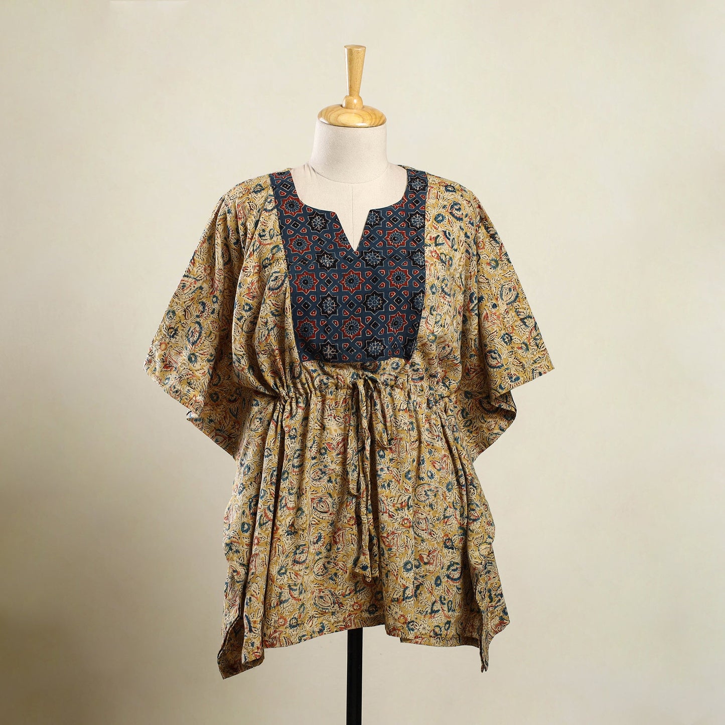 Buy Biege Kalamkari Block Print Patchwork Cotton Kaftan