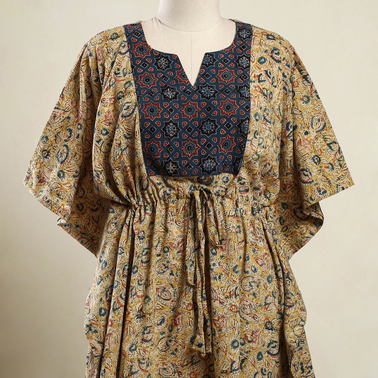 Buy Biege Kalamkari Block Print Patchwork Cotton Kaftan