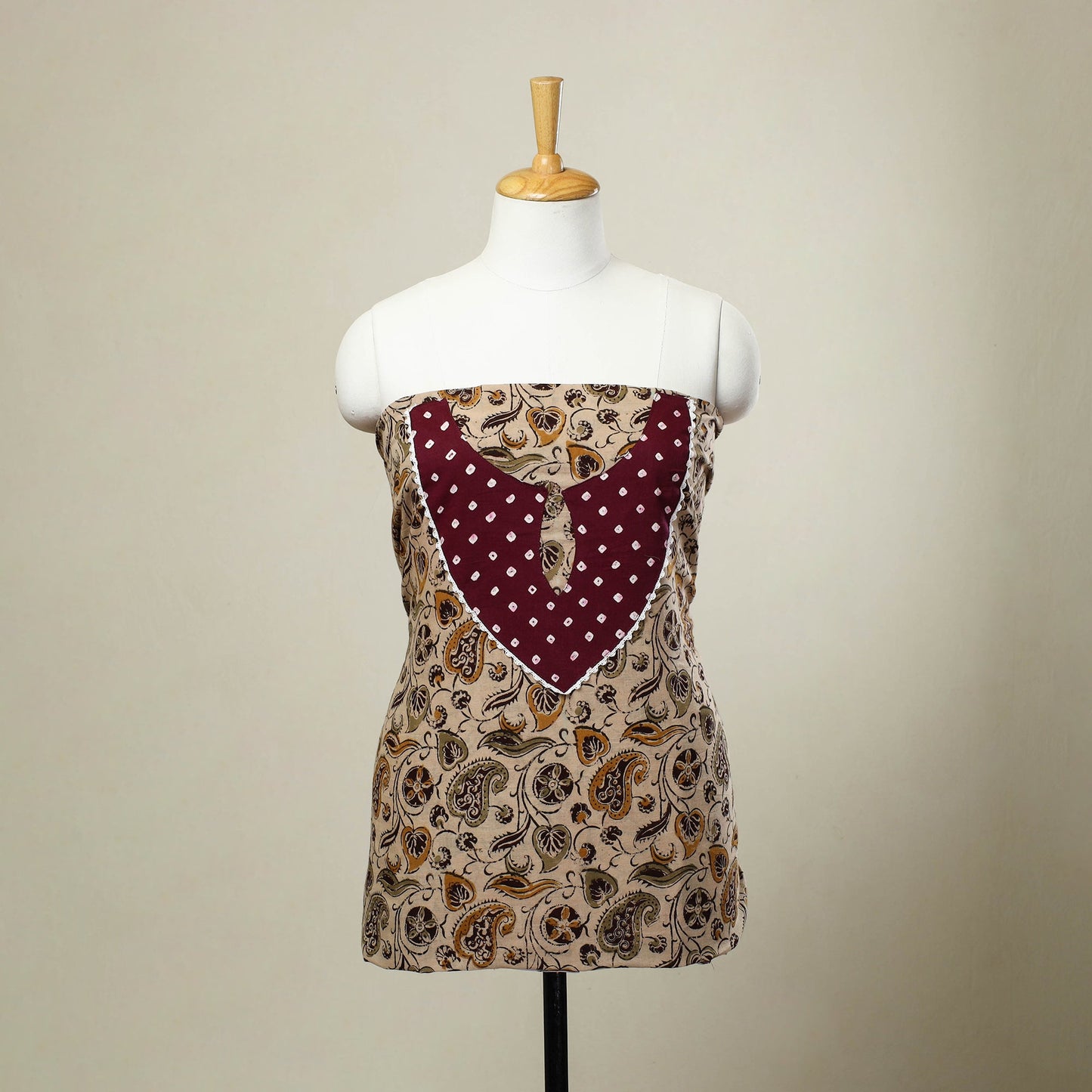  Beige Kalamkari Print Patchwork Cotton Kurta Material