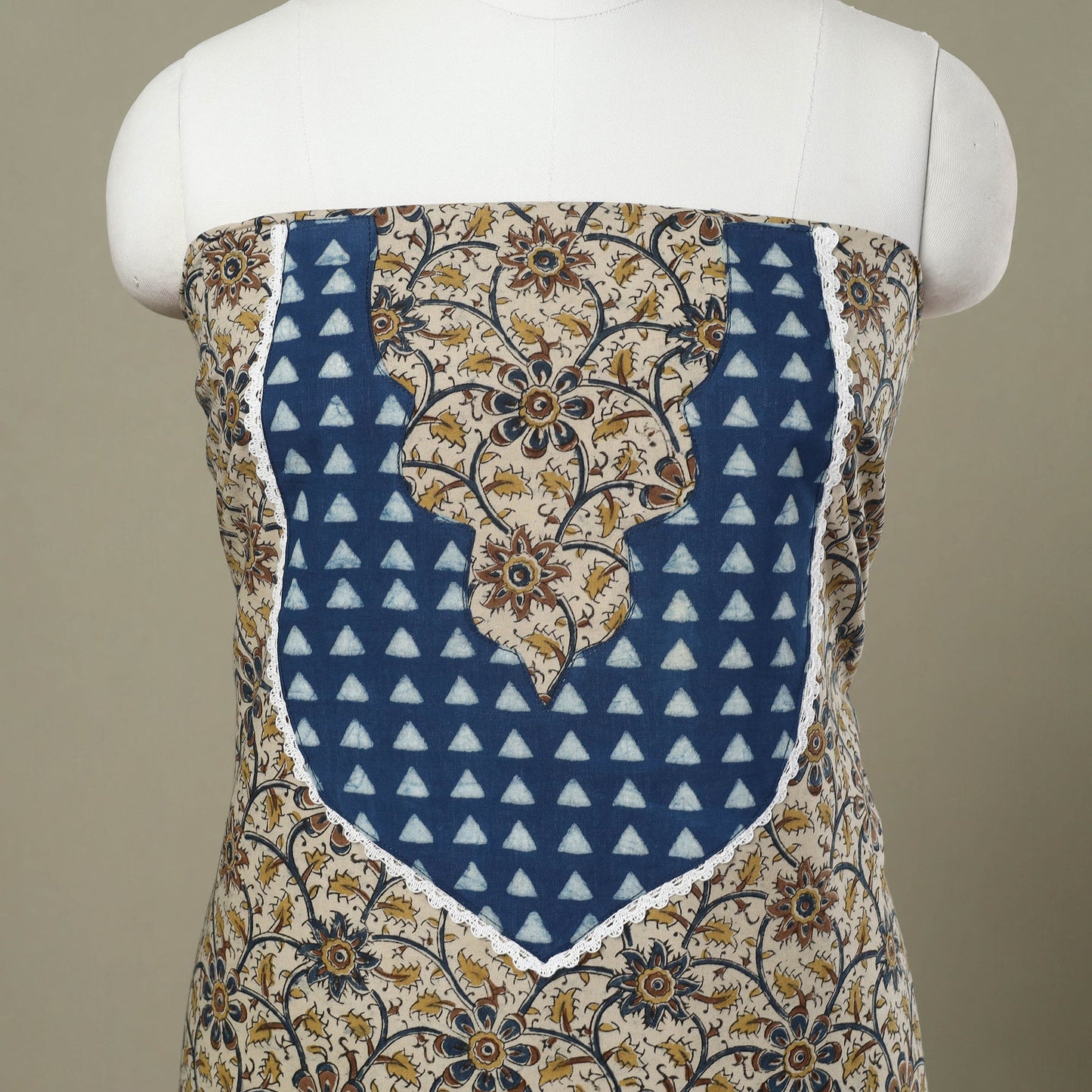 Buy Beige Kalamkari Print Patchwork Cotton Kurta Material