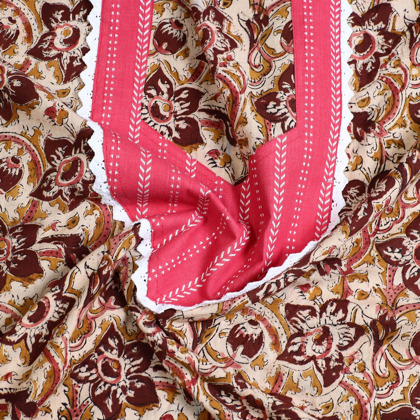 Beige - kalamkari patchwork cotton unstitched kurta