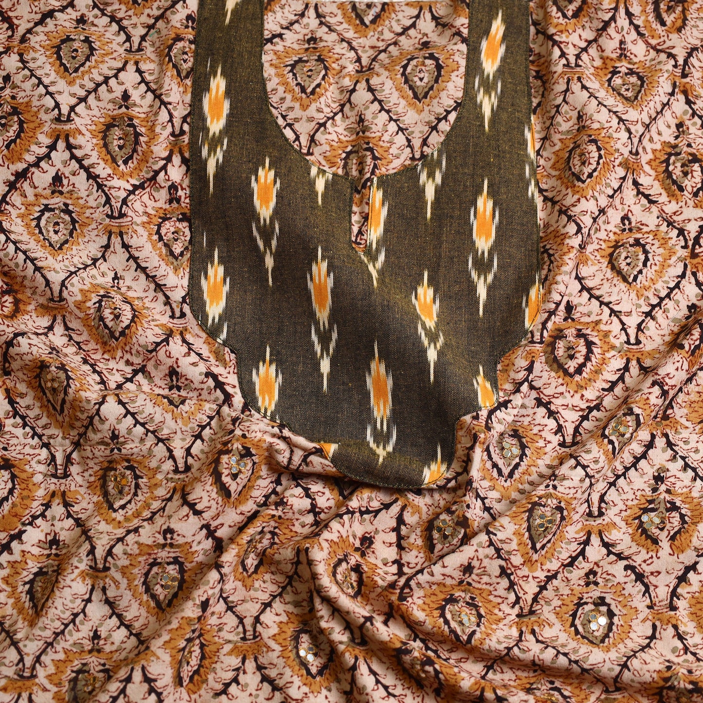 Beige - kalamkari patchwork cotton unstitched kurta