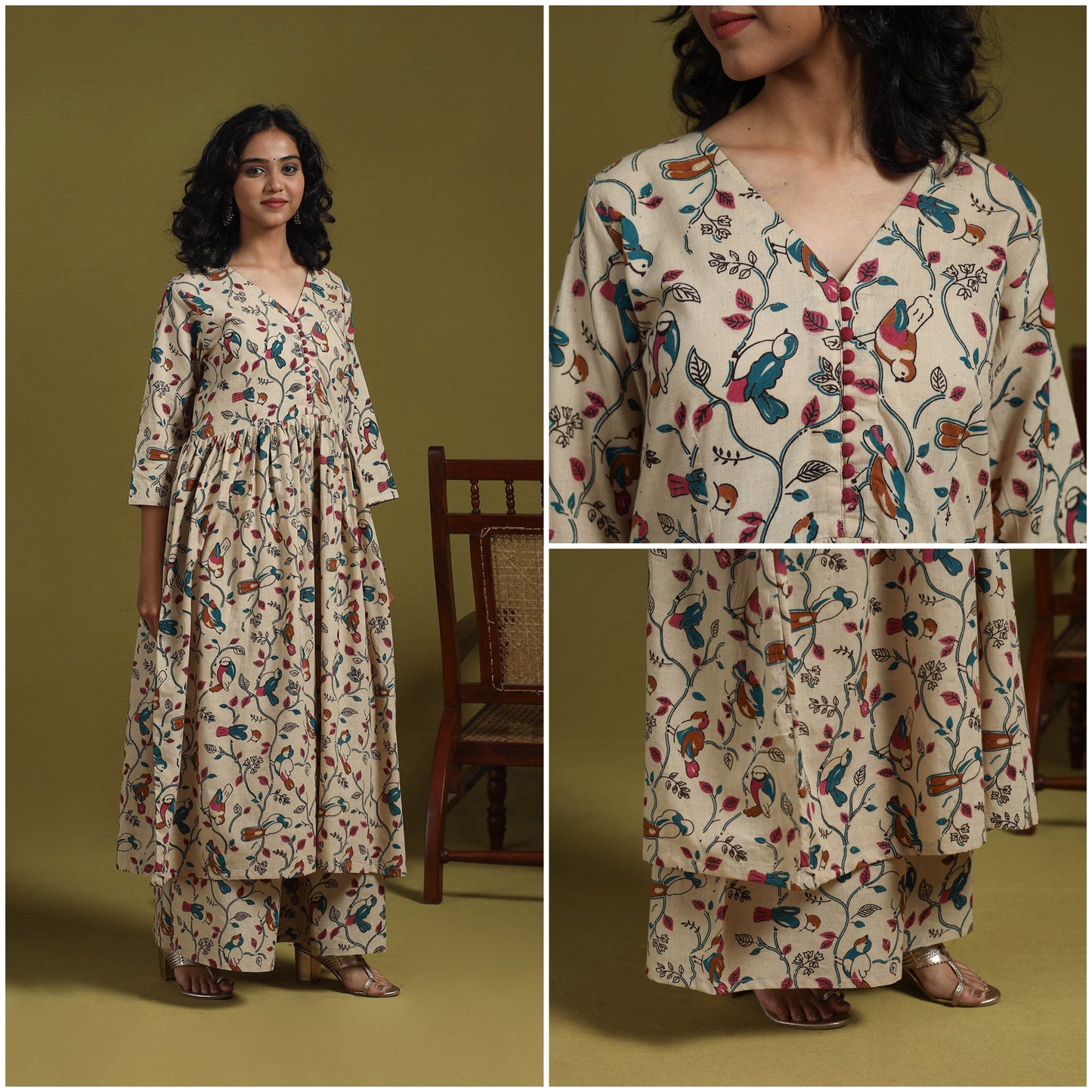 Beige - kalamkari printed cotton 2pc kurta set for women 06