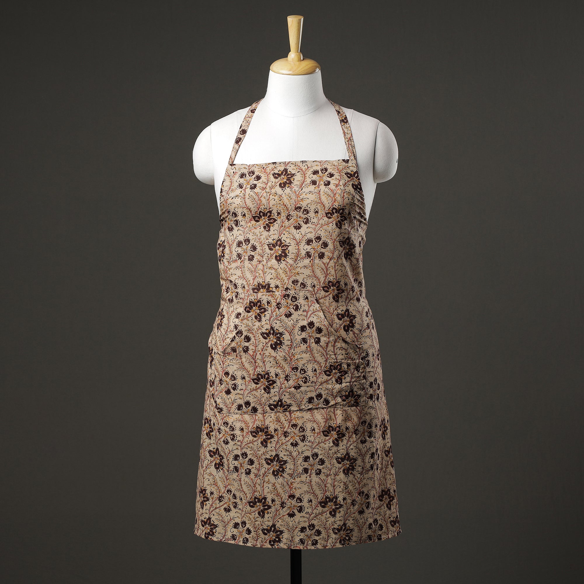 Beige Kalamkari Block Printed Cotton Apron with Pocket