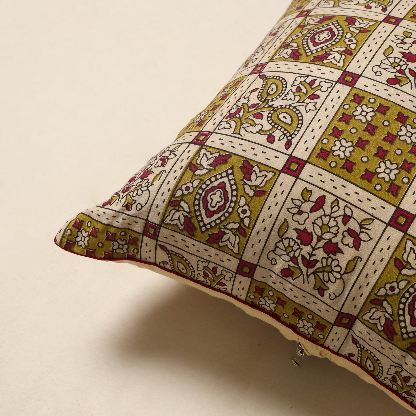 Beige - kalamkari printed cotton cushion cover 32