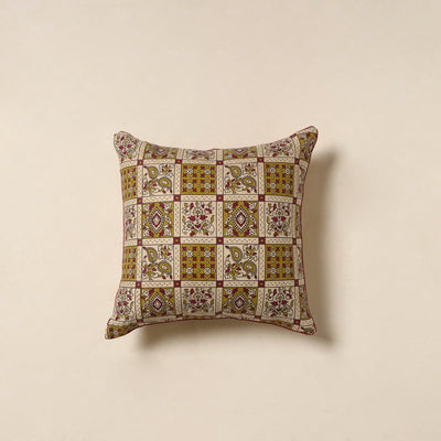 Beige - kalamkari printed cotton cushion cover 32