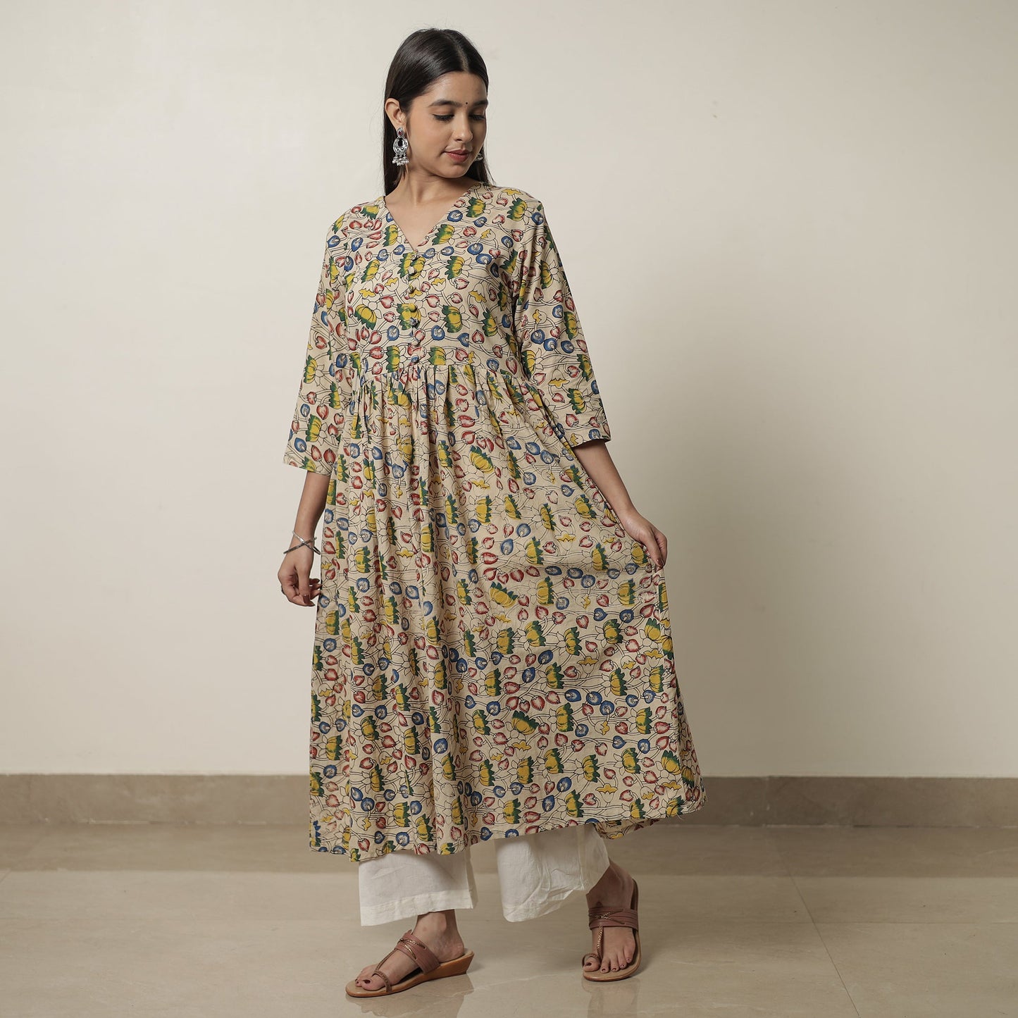  Kalamkari Printed Cotton Flared Kurta For Women