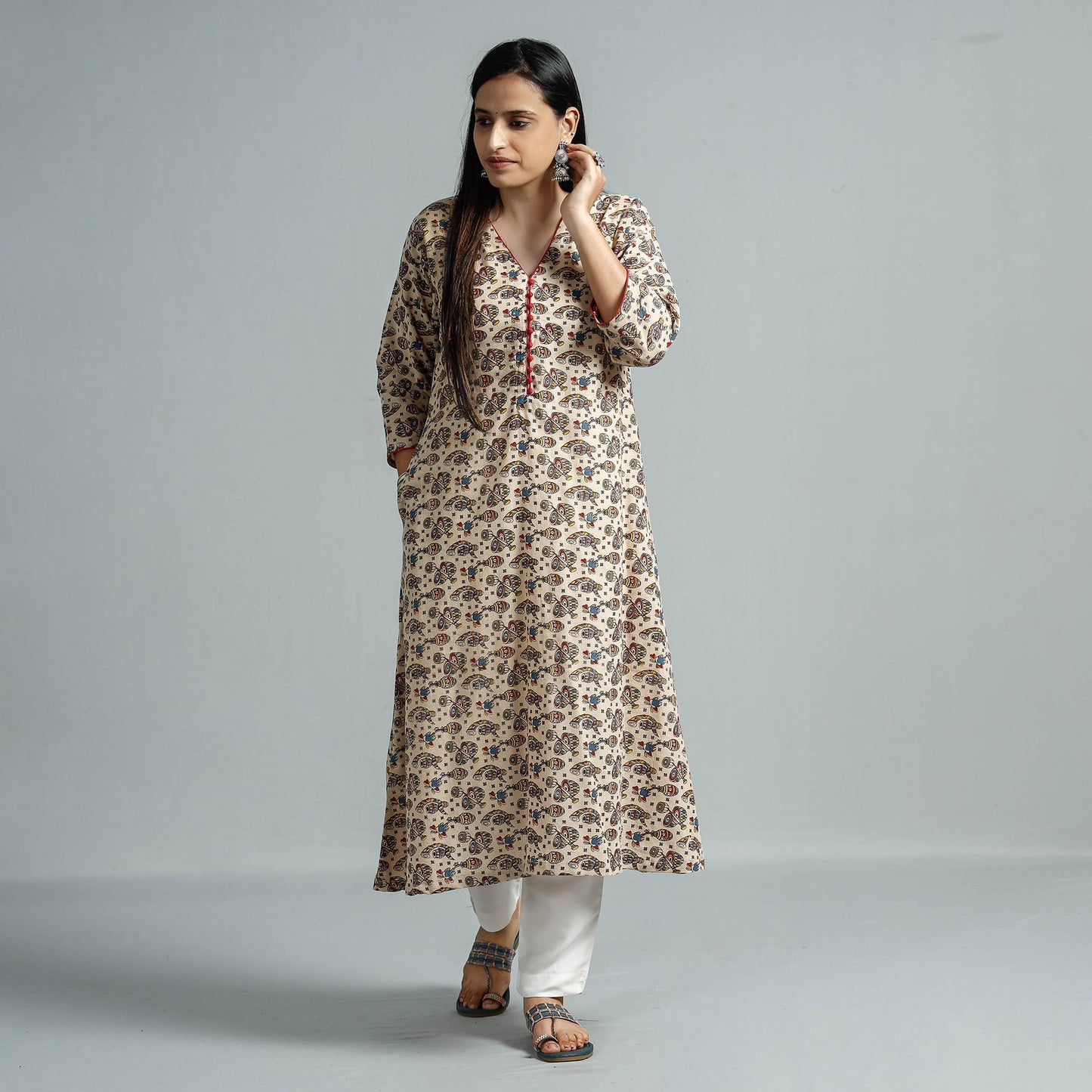  Kalamkari Printed Cotton Flared Kurta For Women