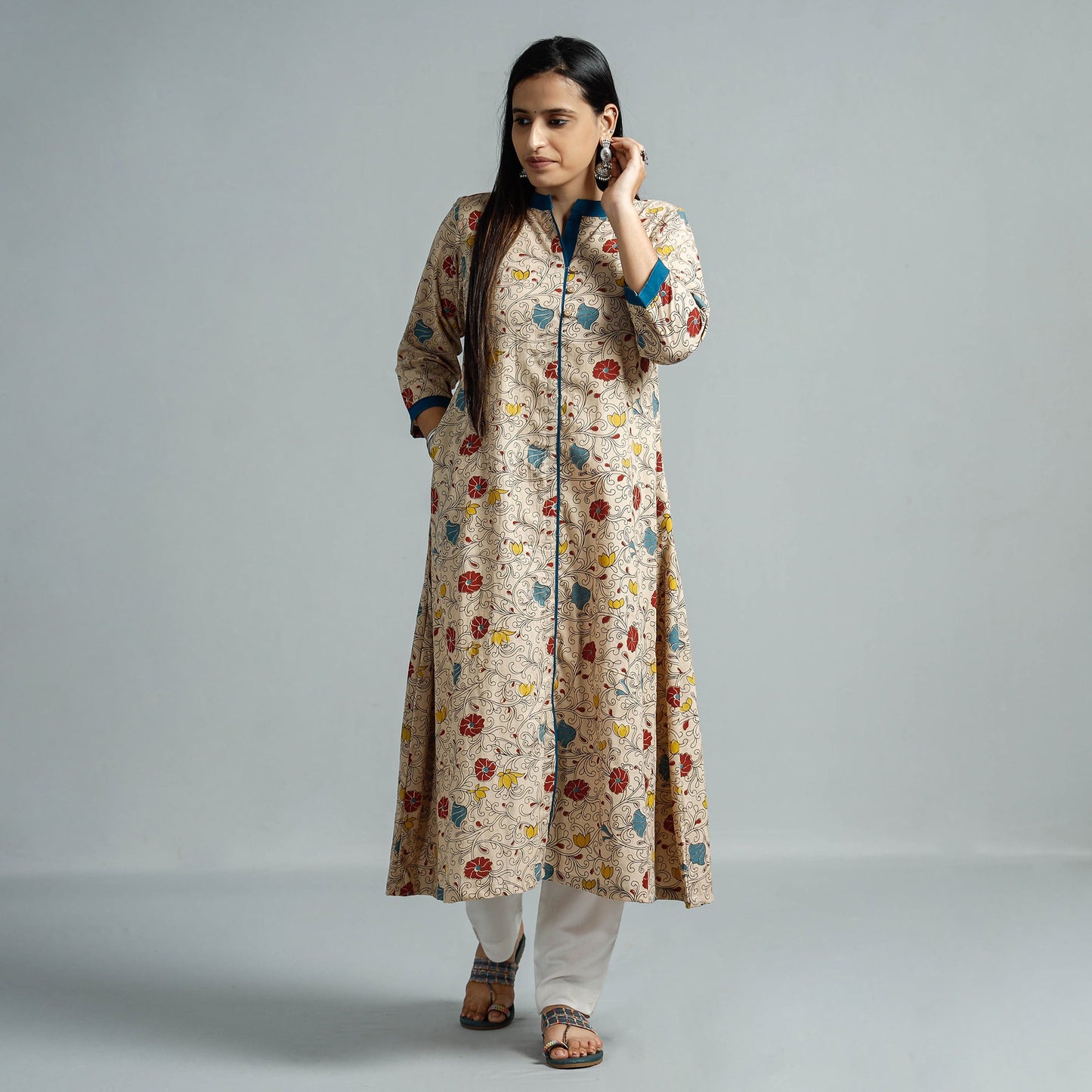 Beige - kalamkari printed cotton flared kurta - handcrafted