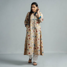 Beige - kalamkari printed cotton flared kurta - handcrafted