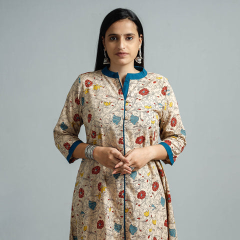 Beige - kalamkari printed cotton flared kurta - handcrafted