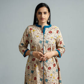 Beige - kalamkari printed cotton flared kurta - handcrafted