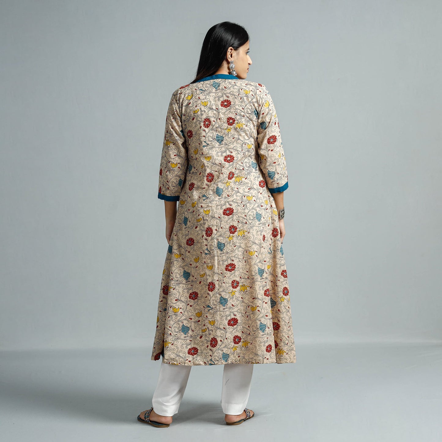 Beige - kalamkari printed cotton flared kurta - handcrafted