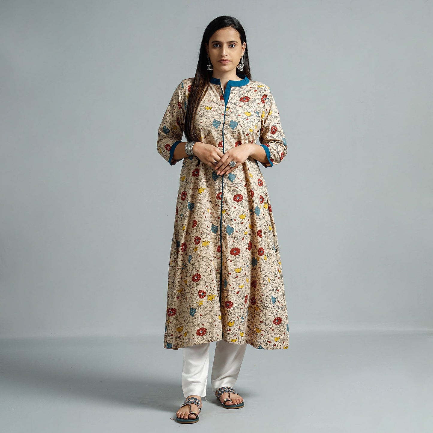 Beige - kalamkari printed cotton flared kurta - handcrafted
