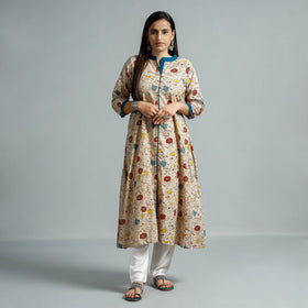 Beige - kalamkari printed cotton flared kurta - handcrafted