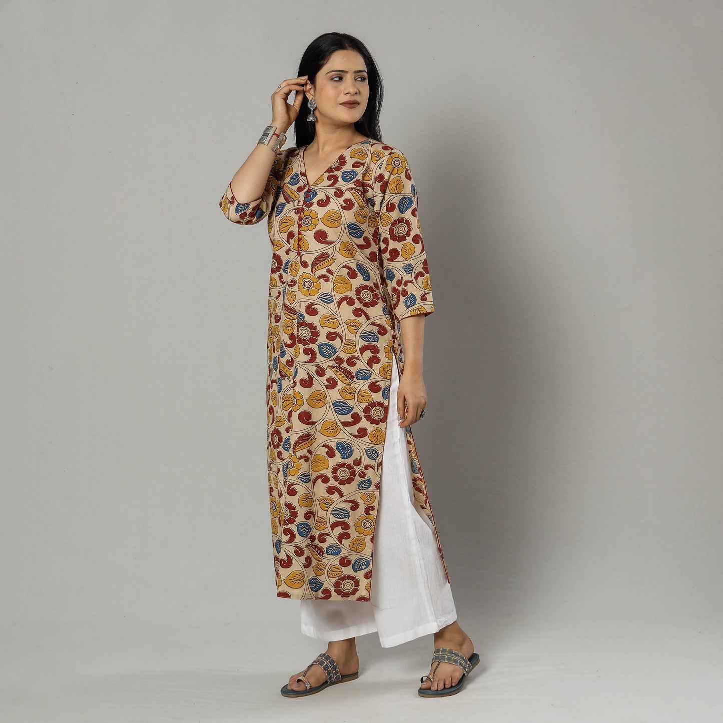 Buy Pink Texture Kalamkari Printed Cotton Kurta For Women