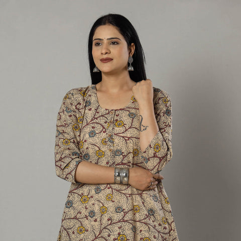  Pink Texture Kalamkari Printed Cotton Kurta For Women