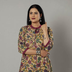  Pink Texture Kalamkari Printed Cotton Kurta For Women