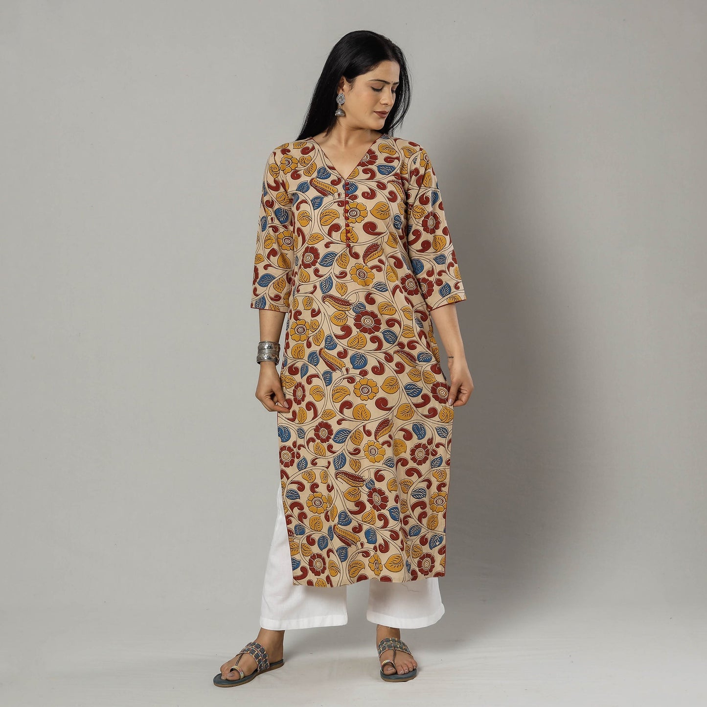 Buy Pink Texture Kalamkari Printed Cotton Kurta For Women