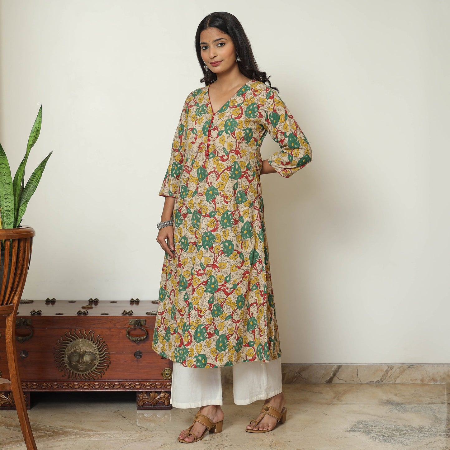  Kalamkari Printed Cotton A-Line Long Kurta For Women