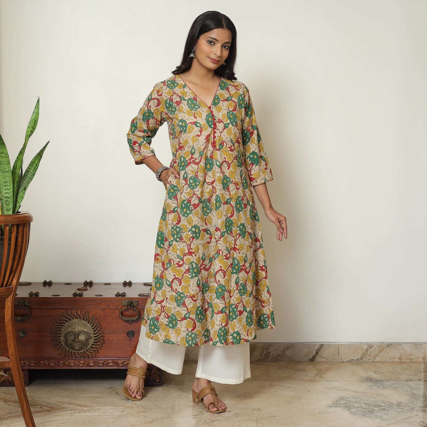  Kalamkari Printed Cotton A-Line Long Kurta For Women