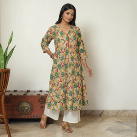  Kalamkari Printed Cotton A-Line Long Kurta For Women