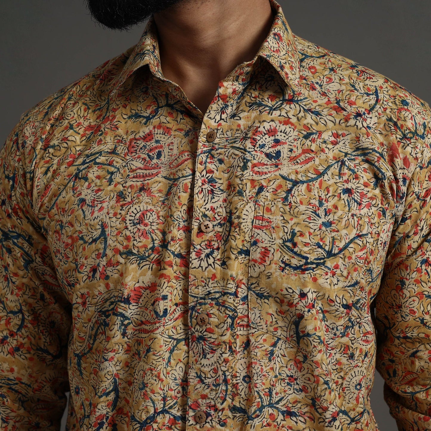  Beige Kalamkari Block Printed Cotton Men Full Sleeve Shirt