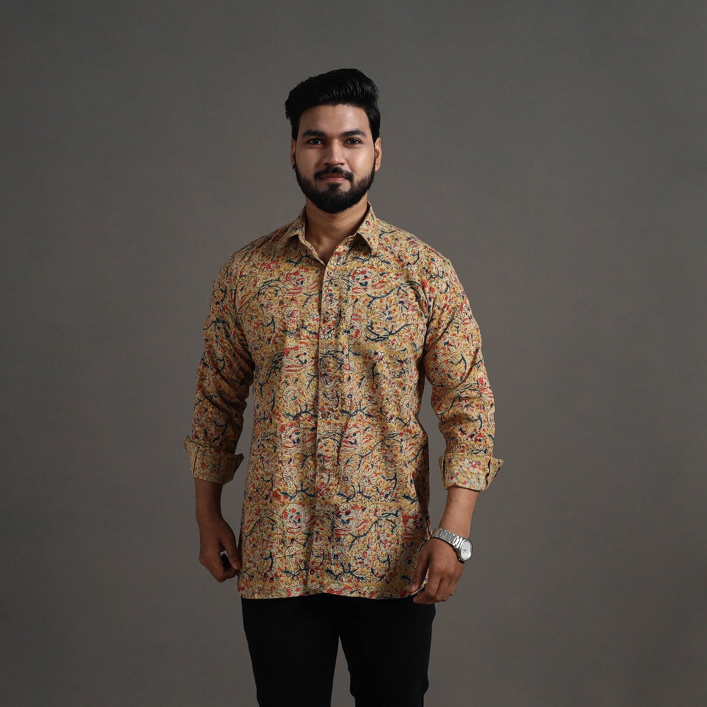  Beige Kalamkari Block Printed Cotton Men Full Sleeve Shirt