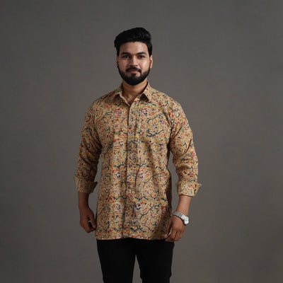  Beige Kalamkari Block Printed Cotton Men Full Sleeve Shirt