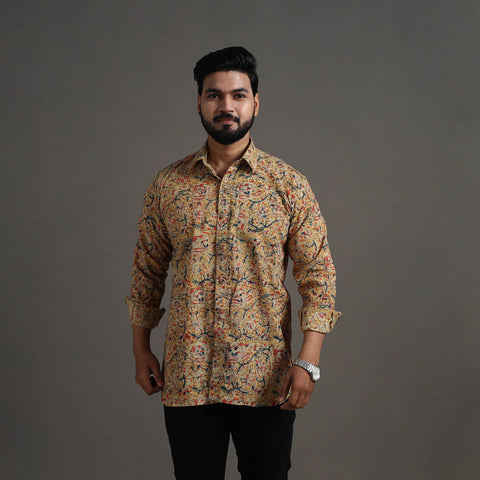 Beige Kalamkari Block Printed Cotton Men Full Sleeve Shirt