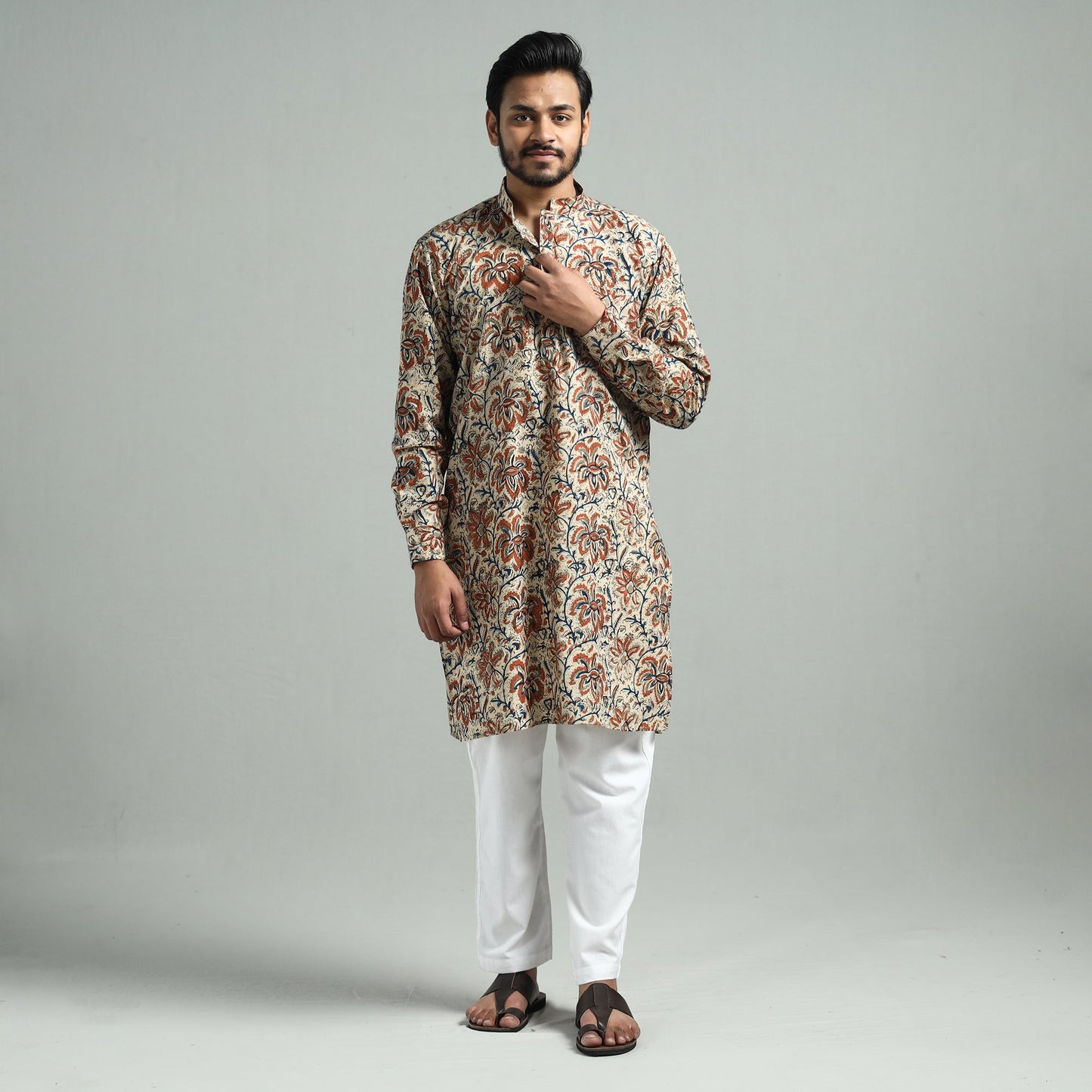  Kalamkari Block Printed Cotton Men Long Kurta 