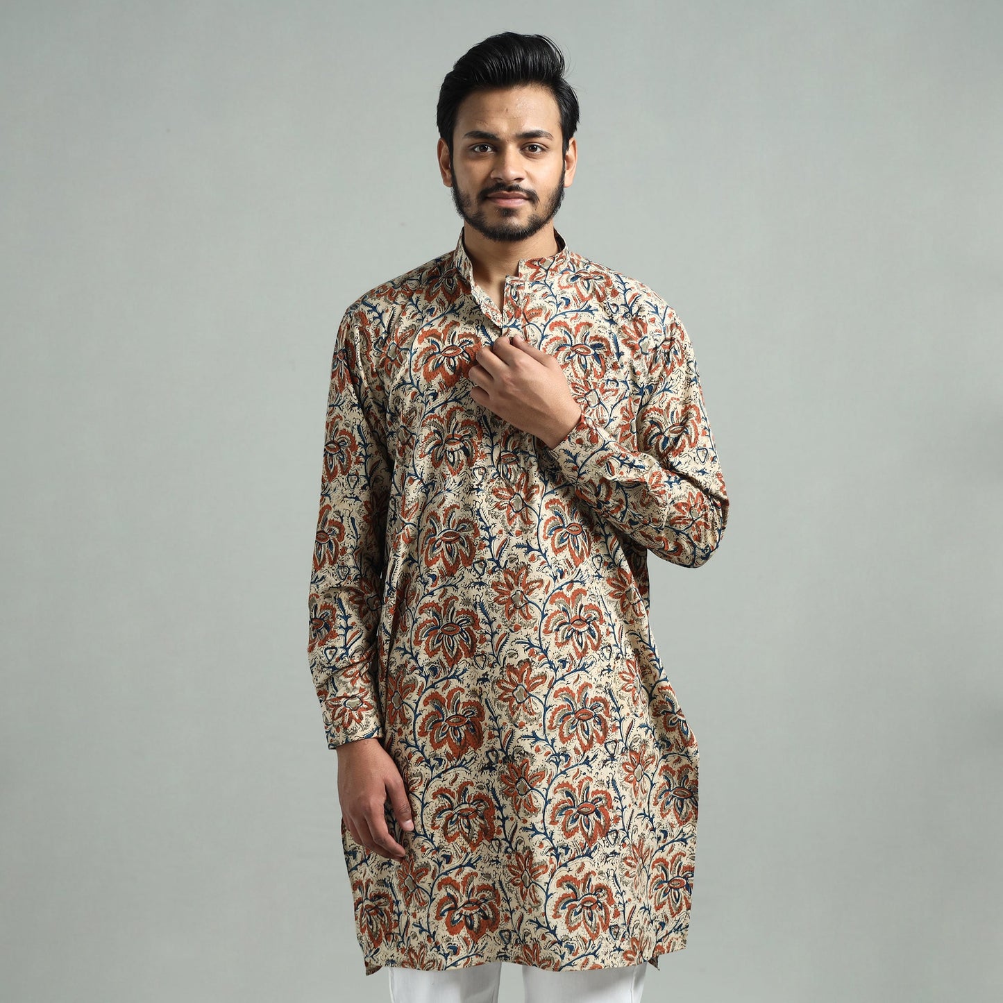 Kalamkari Block Printed Cotton Men Long Kurta 