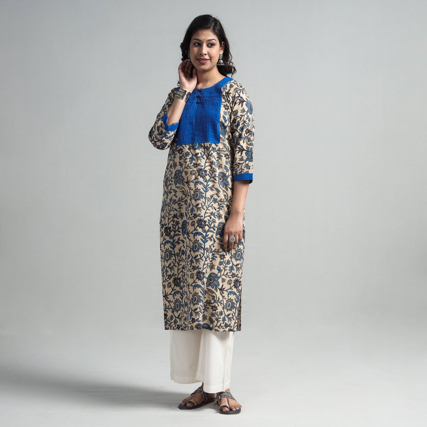 Beige - kalamkari printed cotton pintuck long straight