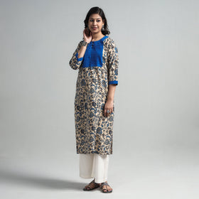 Beige - kalamkari printed cotton pintuck long straight