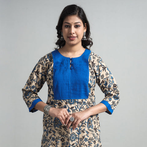 Beige - kalamkari printed cotton pintuck long straight