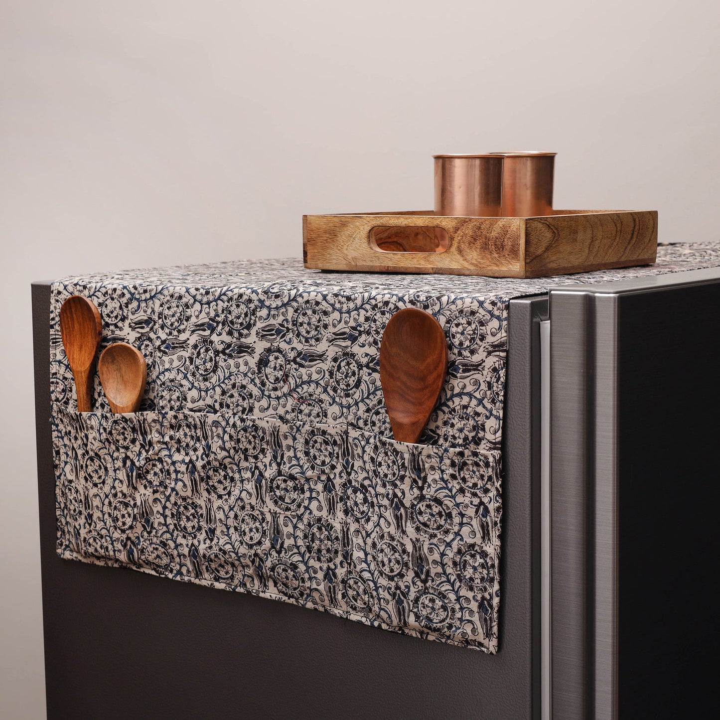 Beige Kalamkari Block Printed Fridge Top Cover with Handle Cover