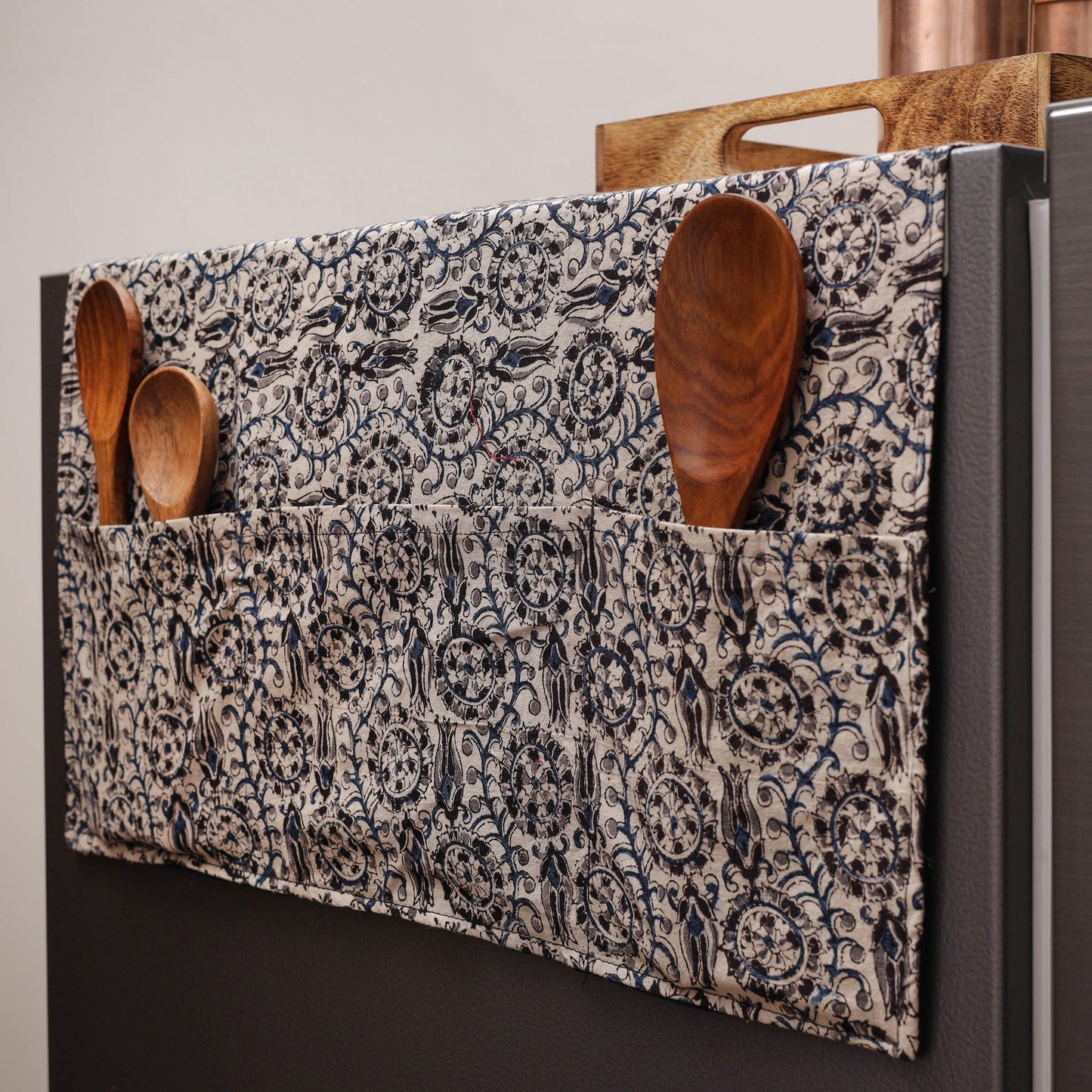 Beige Kalamkari Block Printed Fridge Top Cover with Handle Cover