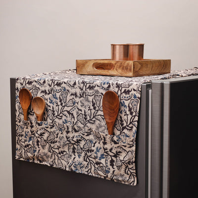 Beige Kalamkari Block Printed Fridge Top Cover with Handle Cover