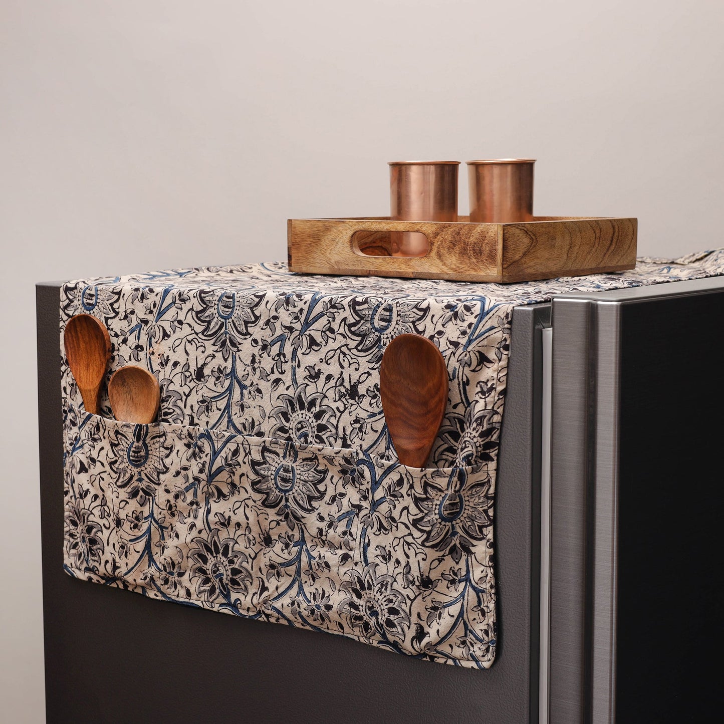 Beige Kalamkari Block Printed Fridge Top Cover with Handle Cover