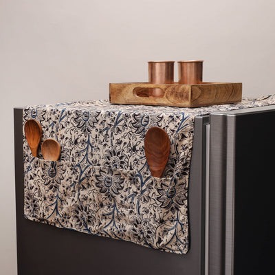 Beige Kalamkari Block Printed Fridge Top Cover with Handle Cover