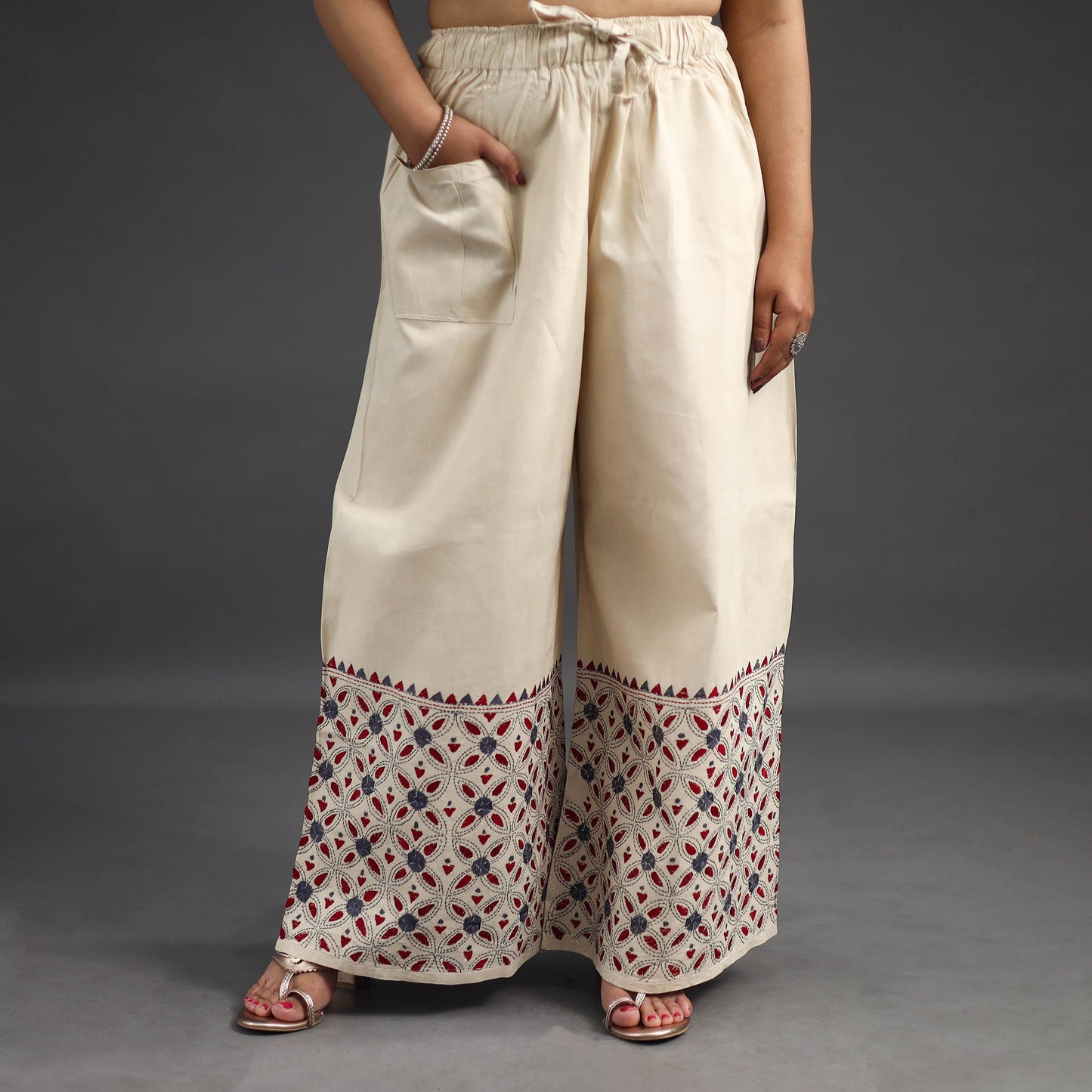 Off White Kantha Hand Embroidery Palazzo in Cotton