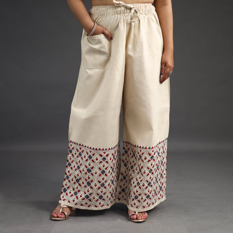 Off White Kantha Hand Embroidery Palazzo in Cotton