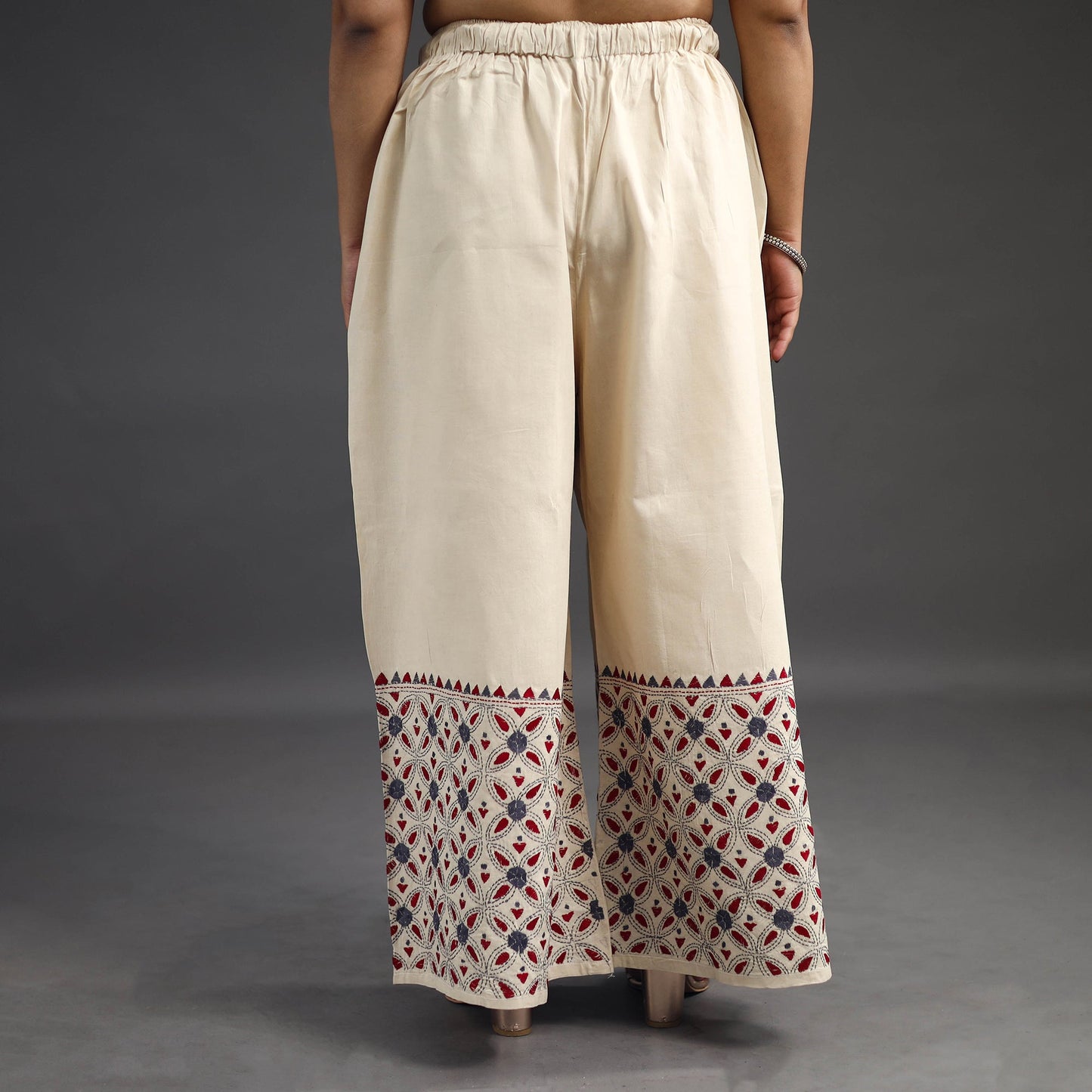 Off White Kantha Hand Embroidery Palazzo in Cotton