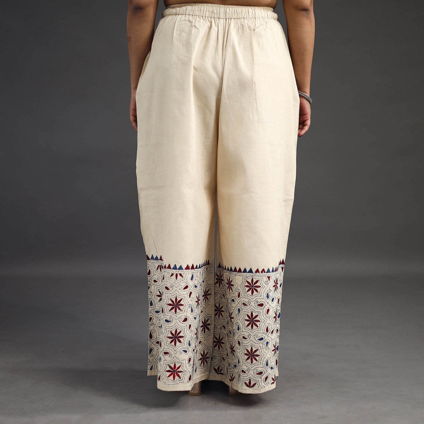 Buy Off White Kantha Hand Embroidery Palazzo in Cotton