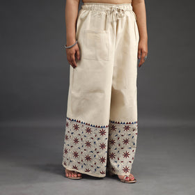 Buy Off White Kantha Hand Embroidery Palazzo in Cotton