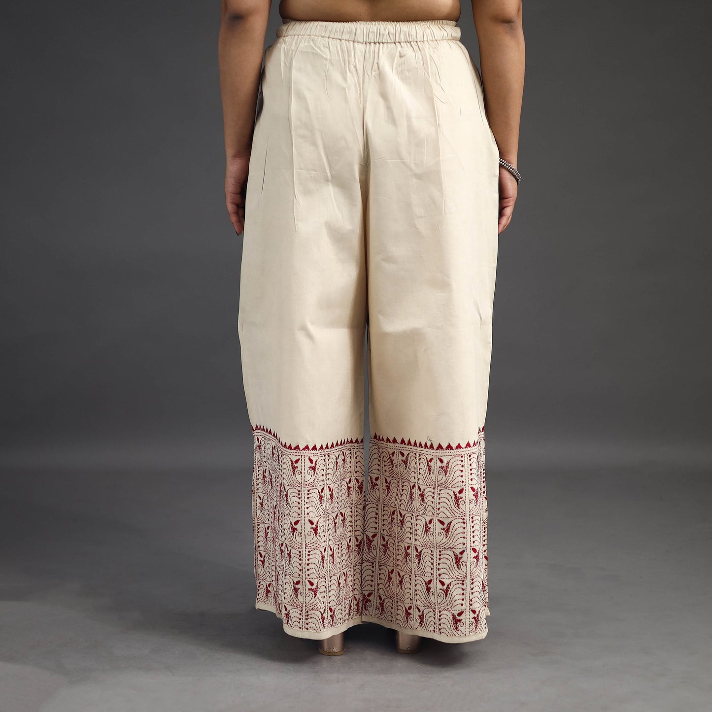 Off White Kantha Hand Embroidery Palazzo in Cotton