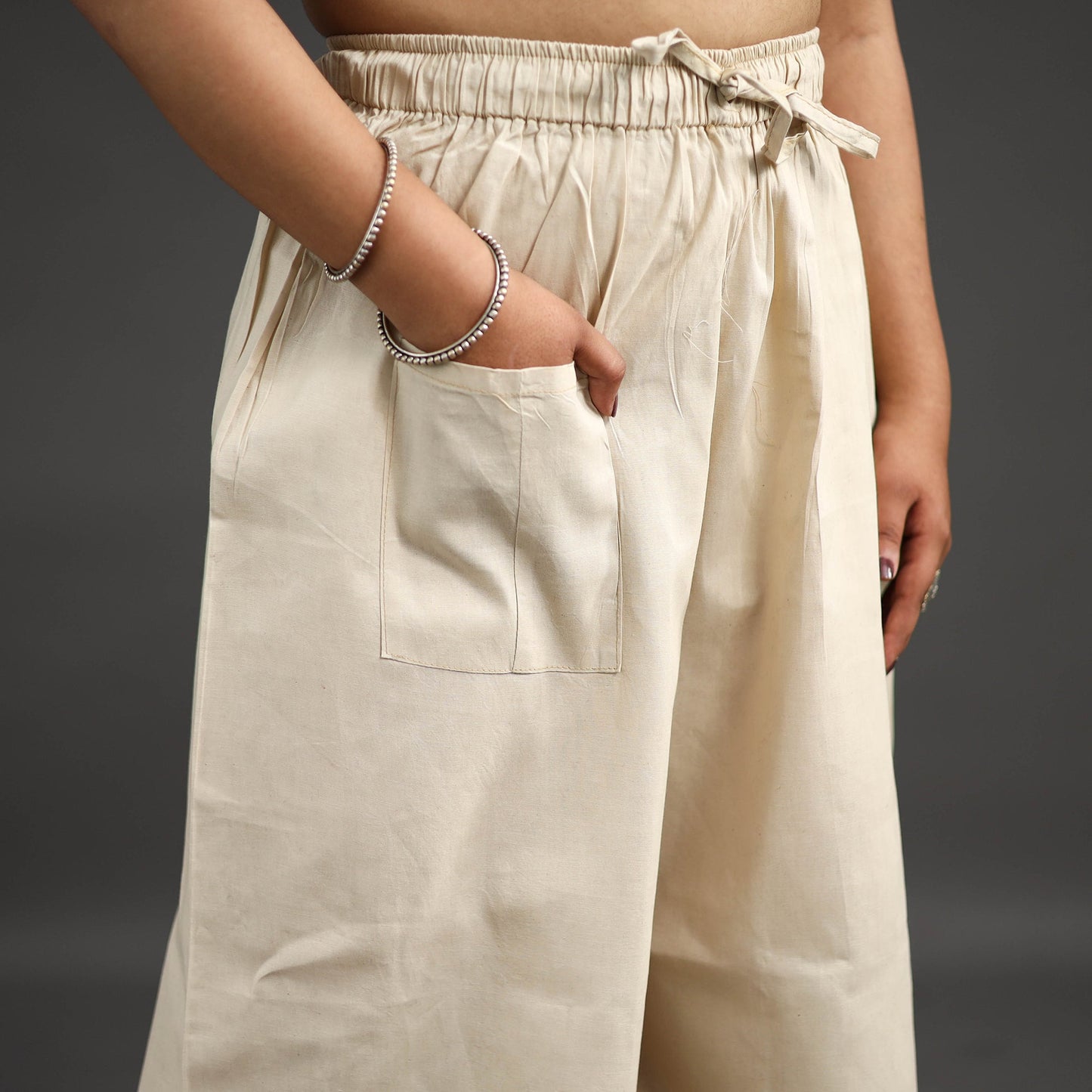 Off White Kantha Hand Embroidery Palazzo in Cotton