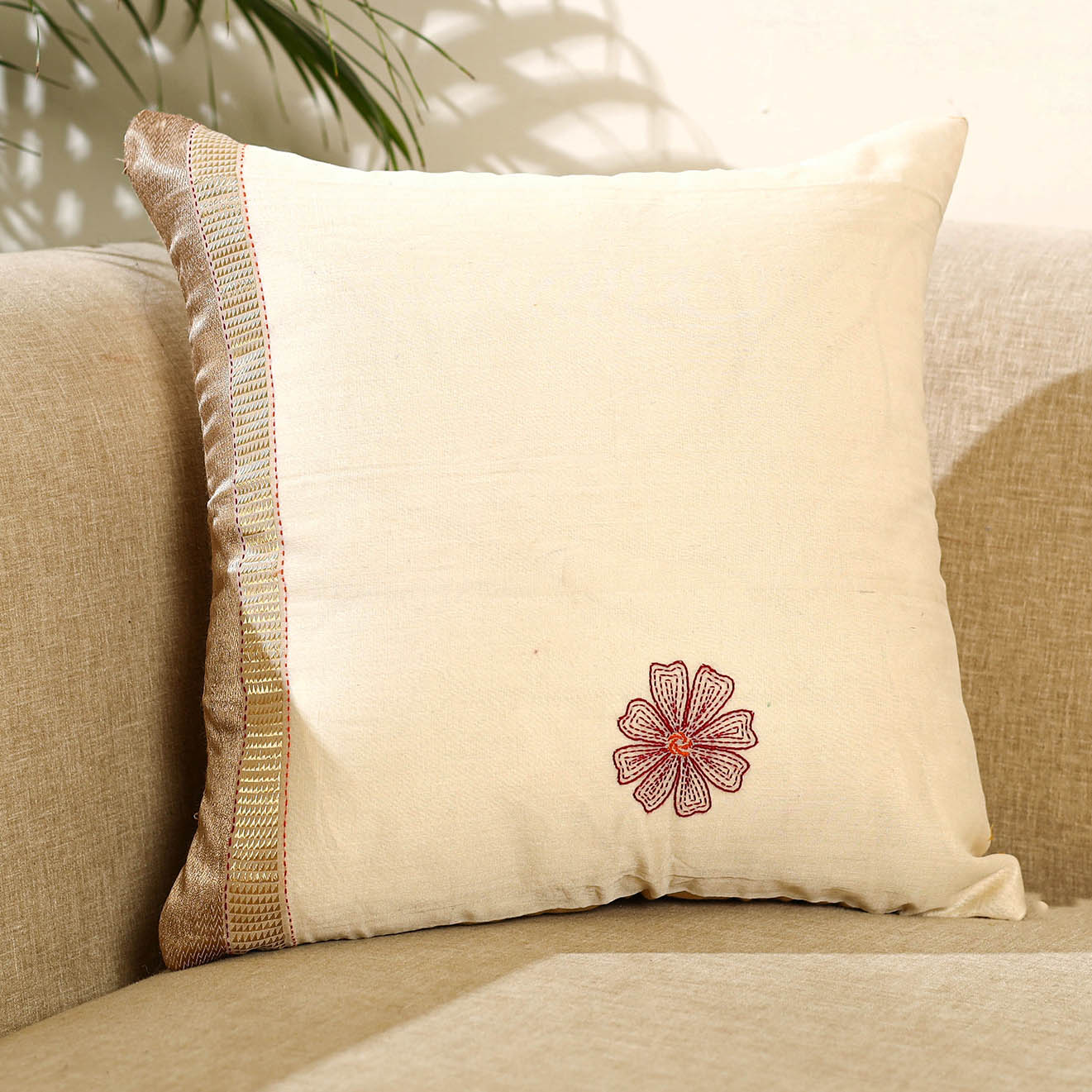  Beige Kantha Work Chanderi Silk Cushion Cover