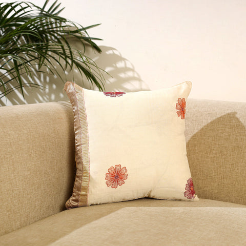 Buy Beige Kantha Work Chanderi Silk Cushion Cover