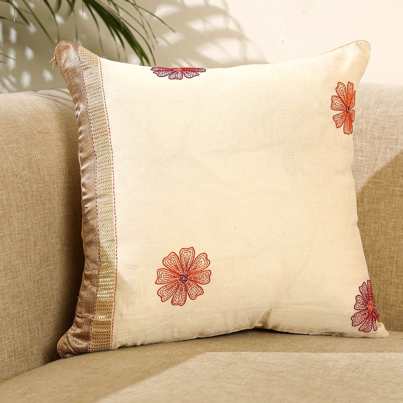 Buy Beige Kantha Work Chanderi Silk Cushion Cover